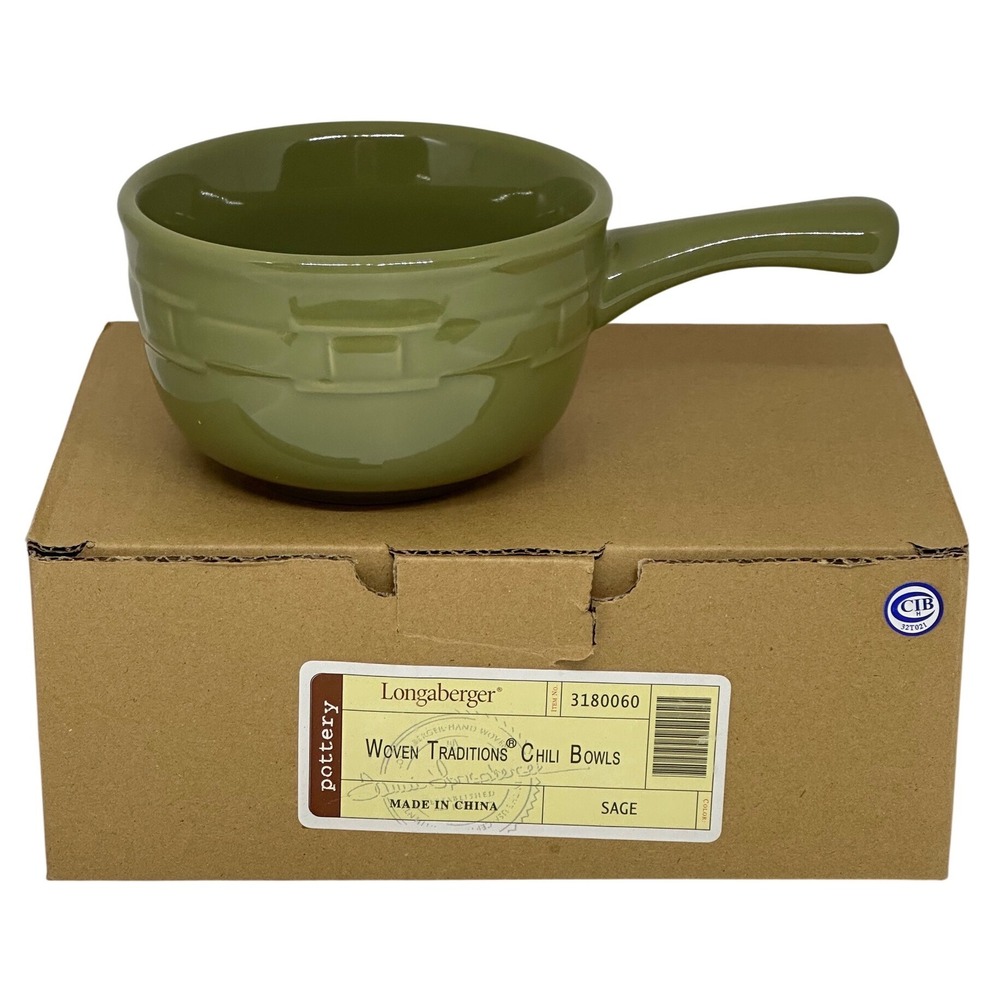 Longaberger Chili Bowl Sage Green Woven Traditions Pottery Single Handle NIB